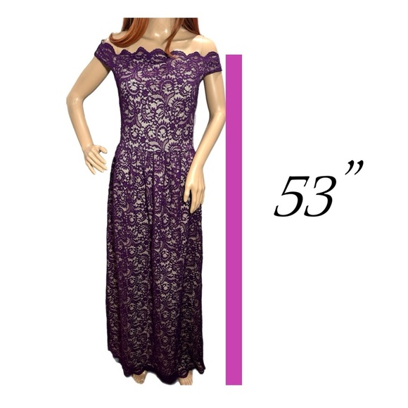 Yellow Star Womens Plum Lace Nude Maxi Off Shoulder Dress Size M USA MADE - Picture 13 of 14
